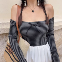 Off-shoulder striped long-sleeved slim-fit top bottoming shirt T-shirt - Thumbnail 9