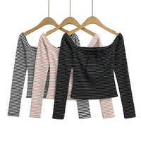 Off-shoulder striped long-sleeved slim-fit top bottoming shirt T-shirt - Thumbnail 10