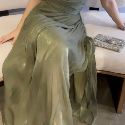 Beautiful green a line long prom dresses with split