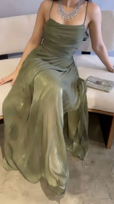 Beautiful Green A Line Long Prom Dresses With Split