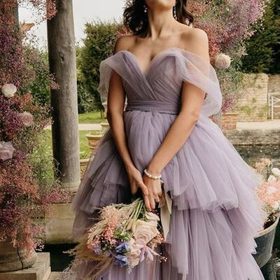 Purple off shoulder tulle wedding dress bridal gown wedding gown