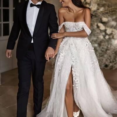 Off the shoulder a line lace beach boho wedding dress bridal gown wedding gown