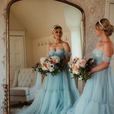 Light blue off the shoulder tulle wedding dress bridal gown wedding gown