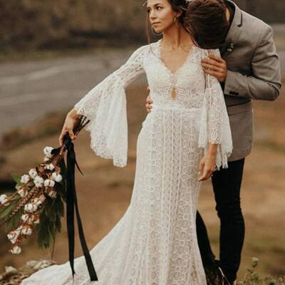 Simple a line long sleeve lace beach boho wedding dress bridal gown wedding gown