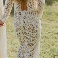 Simple Two Pieces Long Sleeve Lace Beach Boho Wedding Dress Bridal Gown Wedding Gown - Thumbnail 1
