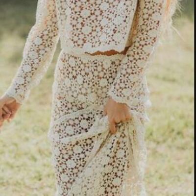 Simple two pieces long sleeve lace beach boho wedding dress bridal gown wedding gown