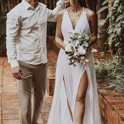 Simple a line side slit wedding dress bridal gown wedding gown