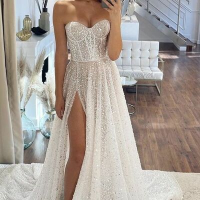 Sparkle a line sequins side slit wedding dress bridal gown wedding gown