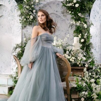 Off shoulder blue tulle wedding dress bridal gown wedding gown