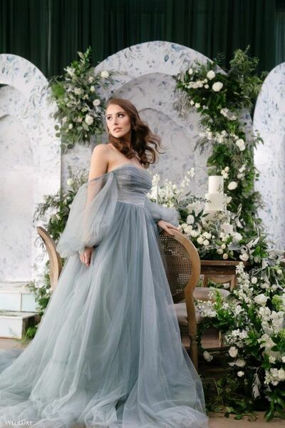 Off Shoulder Blue Tulle Wedding Dress Bridal Gown Wedding Gown