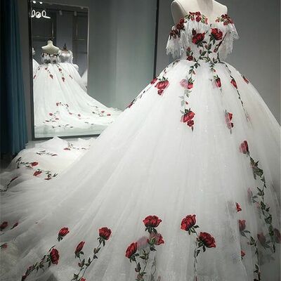 Ball gown roses appliques tulle wedding dress bridal gown wedding gown