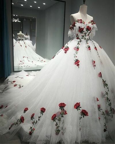 Ball Gown Roses Appliques Tulle Wedding Dress Bridal Gown Wedding Gown