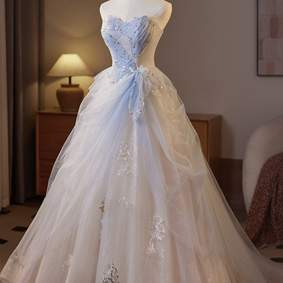 Champagne tulle sequins floor length prom party dress - Thumbnail 1