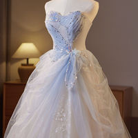 Champagne Tulle Sequins Floor Length Prom Party Dress - Thumbnail 1