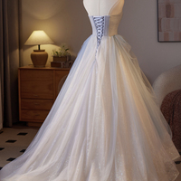 Champagne Tulle Sequins Floor Length Prom Party Dress - Thumbnail 4