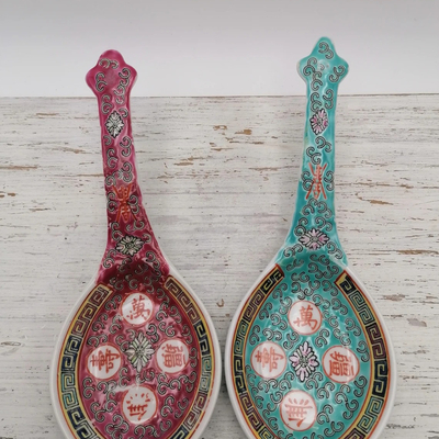 Vintage big spoon, vintage chinese porcelain large soup spoon, hand painted asian spoon, mun shou spoon