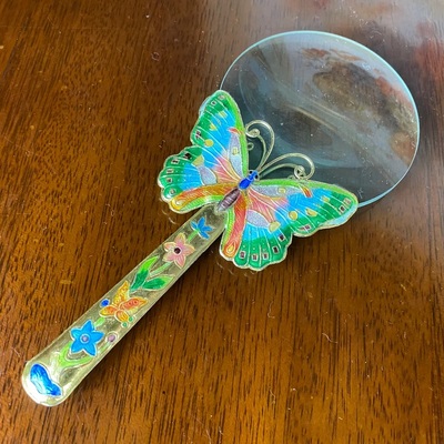 Vintage cloisonne magnifying glass, butterfly shape, artistic magnifying glass, 16cm length