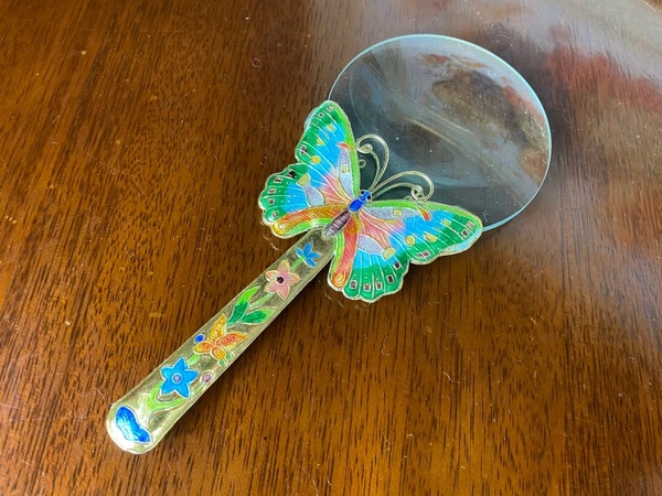 Vintage cloisonne magnifying glass, butterfly shape, artistic magnifying glass, 16cm length