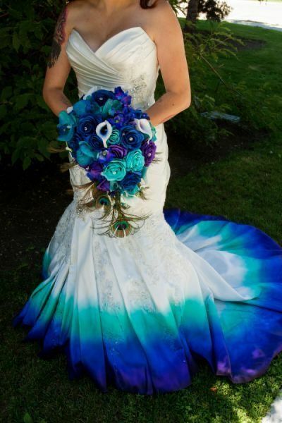 Dyed Ombre Mermaid Lace Appliques Blue Wedding Dress Bridal Gown Wedding Gown