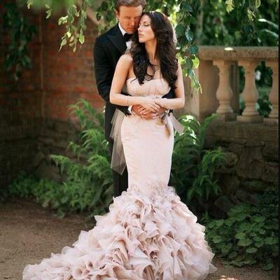 Pink sheath tiered organza wedding dress bridal gown wedding gown