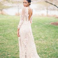 Pink Sheath Appliques Tulle Open Back Wedding Dress Bridal Gown Wedding Gown - Thumbnail 1