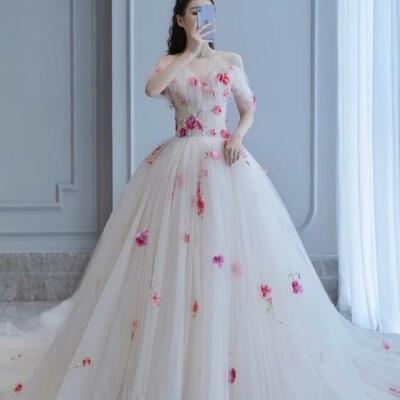 Ball gown off the shoulder handmade flowers puffy wedding dress bridal gown wedding gown
