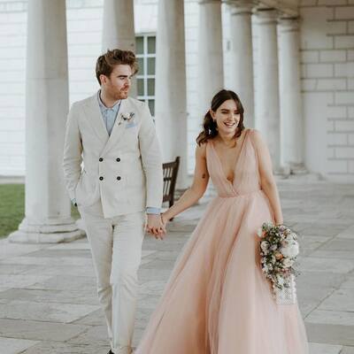 A-line pink v-neck backless wedding dress bridal gown wedding gown