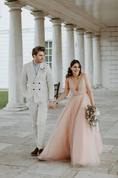 A-line Pink V-neck Backless Wedding Dress Bridal Gown Wedding Gown