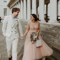 A-line Pink V-neck Backless Wedding Dress Bridal Gown Wedding Gown - Thumbnail 1