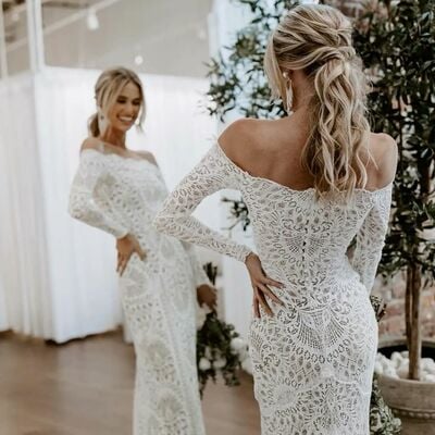 Elegant mermaid long sleeve lace wedding dress bridal gown wedding gown