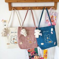 Embroidered bear corduroy bag for women - Thumbnail 1