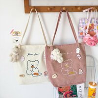 Embroidered bear corduroy bag for women - Thumbnail 2