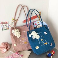 Embroidered bear corduroy bag for women - Thumbnail 4