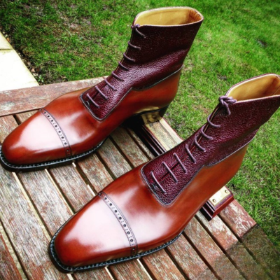 Handmade men brown grain leather ankle high boot - Thumbnail 2