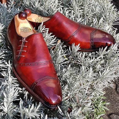 Handmade men burgundy leather side laces dress shoes - Thumbnail 1