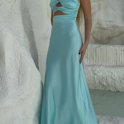 Strapless a line blue satin prom dresses - Thumbnail 1