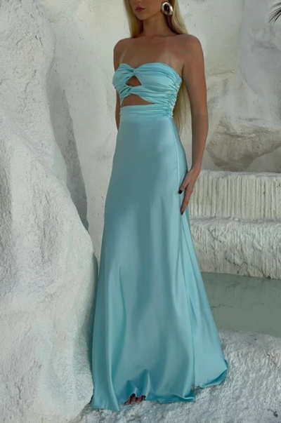 Strapless A Line Blue Satin Prom Dresses