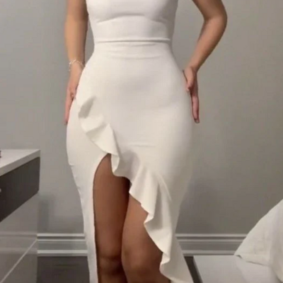 Sheath ivory slit ruffles midi length prom dresses - Thumbnail 2