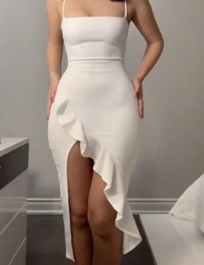 Sheath Ivory Slit Ruffles Midi Length Prom Dresses