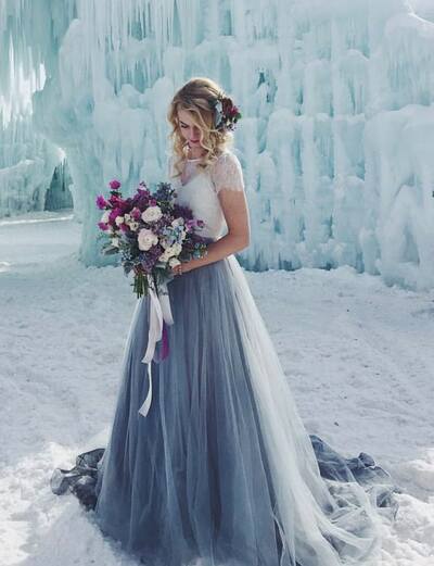 A Line Blue Lace Beach Boho Wedding Dress Bridal Gown Wedding Gown