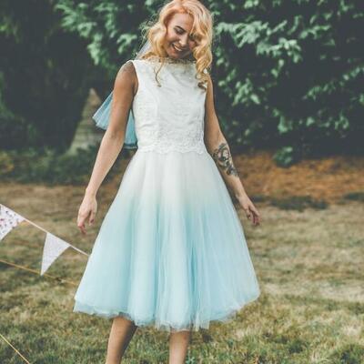 Simple a line dyed ombre blue tea-length wedding dress bridal gown wedding gown