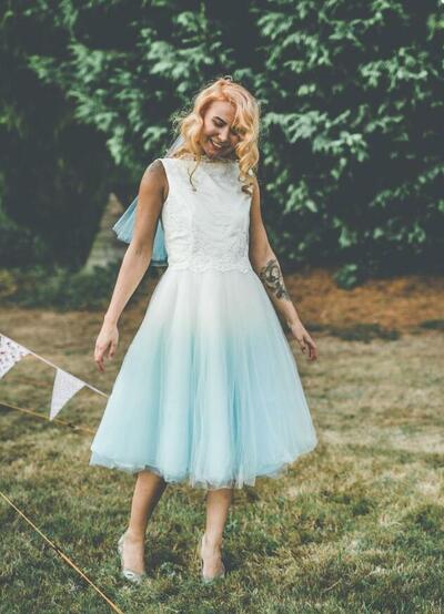 Simple A Line Dyed Ombre Blue Tea-length Wedding Dress Bridal Gown Wedding Gown
