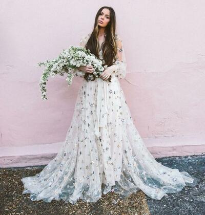 Simple A  Line Lace Beach Boho Wedding Dress Bridal Gown Wedding Gown