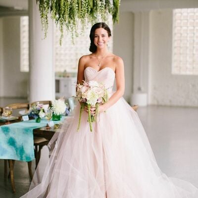 Light pink a-line wedding gown wedding dress, tulle wedding gown bridal dress