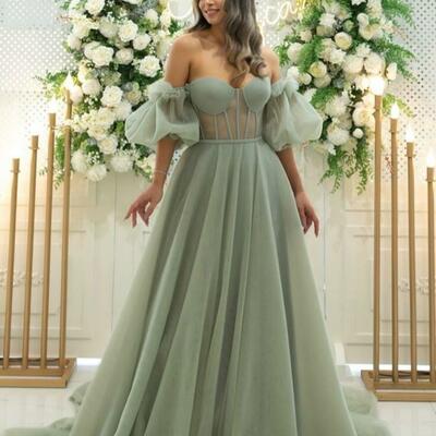 Sage a line off the shoulder prom dress evening formal gowns