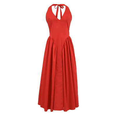 Fashionable deep V-neck halter neck lace-up patchwork waist slim fit long swing dress