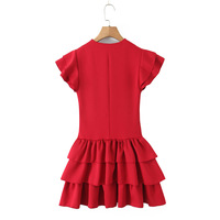 Small flying sleeves tie slim stitching solid color cake skirt short dress - Thumbnail 1