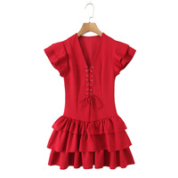 Small flying sleeves tie slim stitching solid color cake skirt short dress - Thumbnail 2