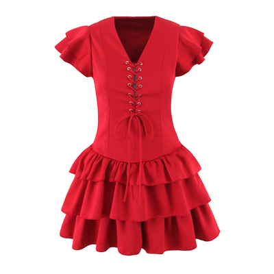 Small flying sleeves tie slim stitching solid color cake skirt short dress