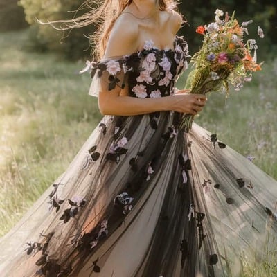 Black pink 3d handmade flowers a line off the shoulder wedding dress bridal gown wedding gown